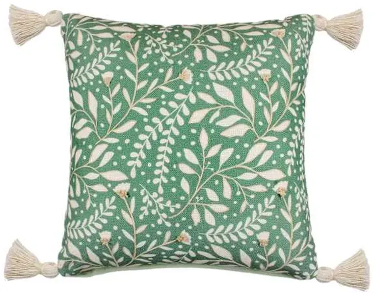 Green & White Embroidered Floral Outdoor Throw Pillow with Tassels, 18"