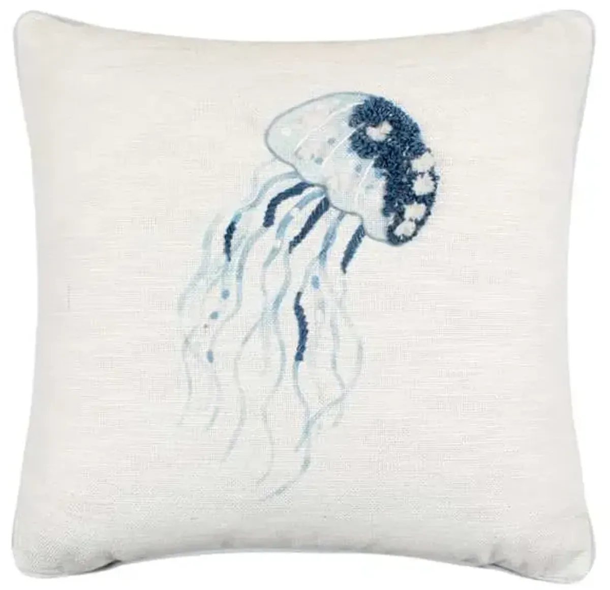 White & Blue Jellyfish Embroidered Square Outdoor Throw Pillow, 18"