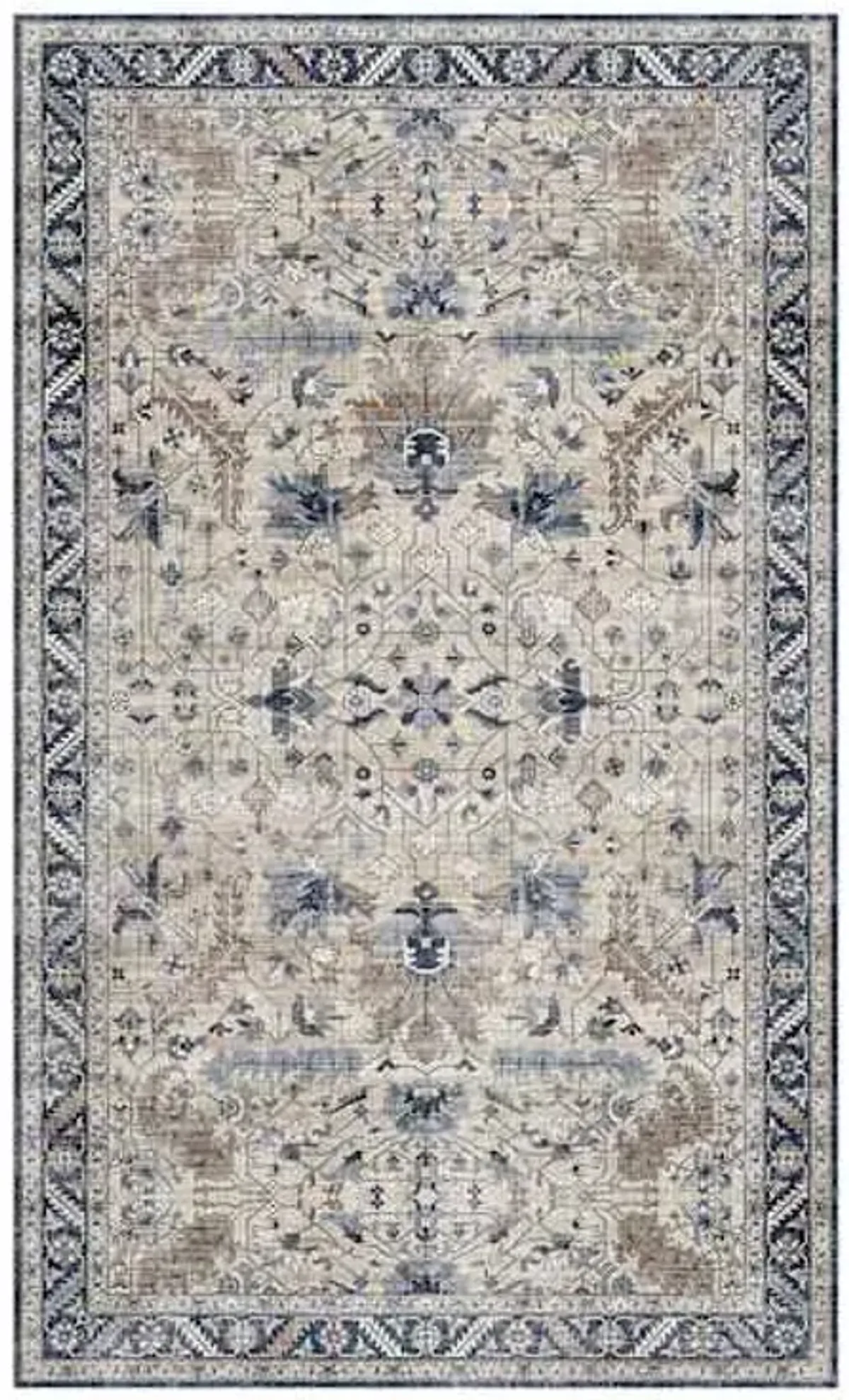 (B876) Dove Ivory & Blue Medallion Washable Accent Rug, 3x5