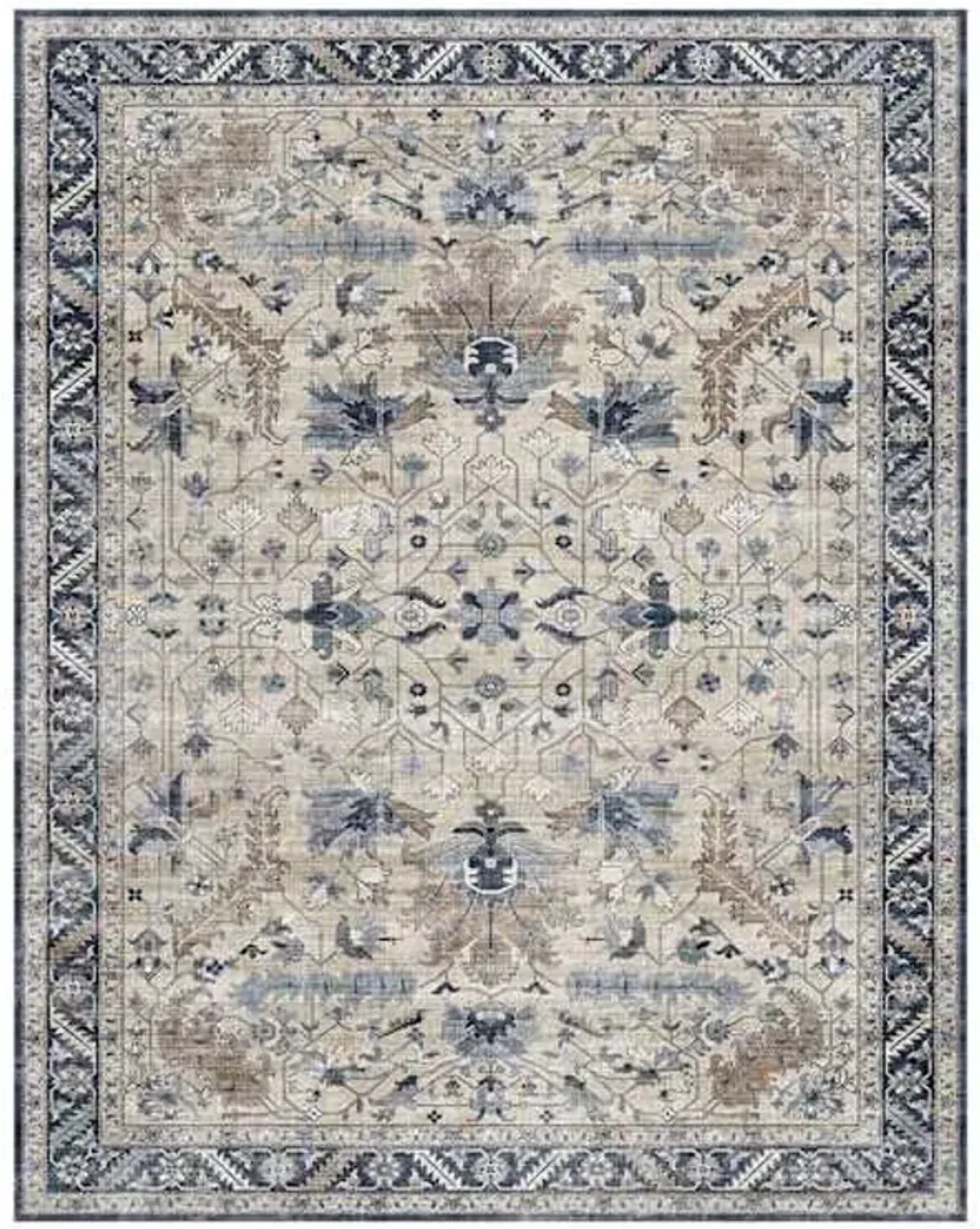 (B876) Dove Ivory & Blue Medallion Washable Area Rug, 8x10