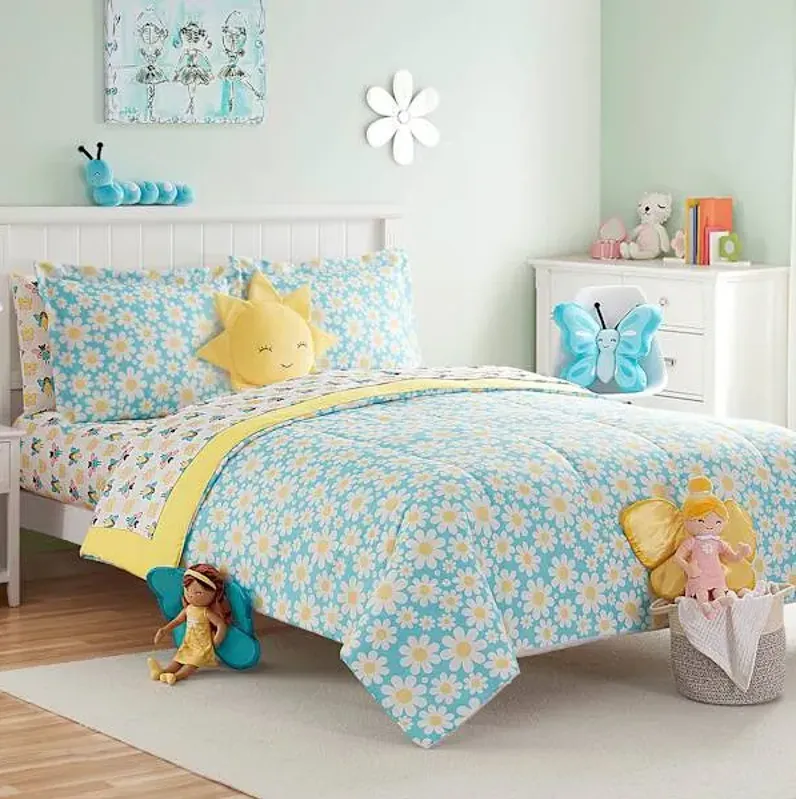 Tiny Dreamers 3-Piece Fairy Garden Blue Daisy Print Comforter Set, Full/Queen