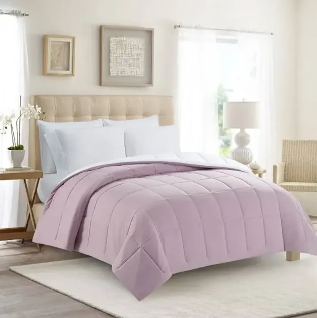 White & Purple Reversible Brushed Microfiber Comforter, Full/Queen