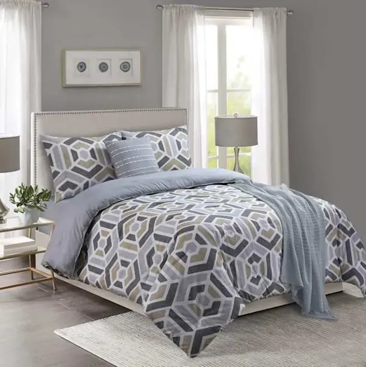 5-Piece Grey & Yellow Geo Print Comforter Set, King