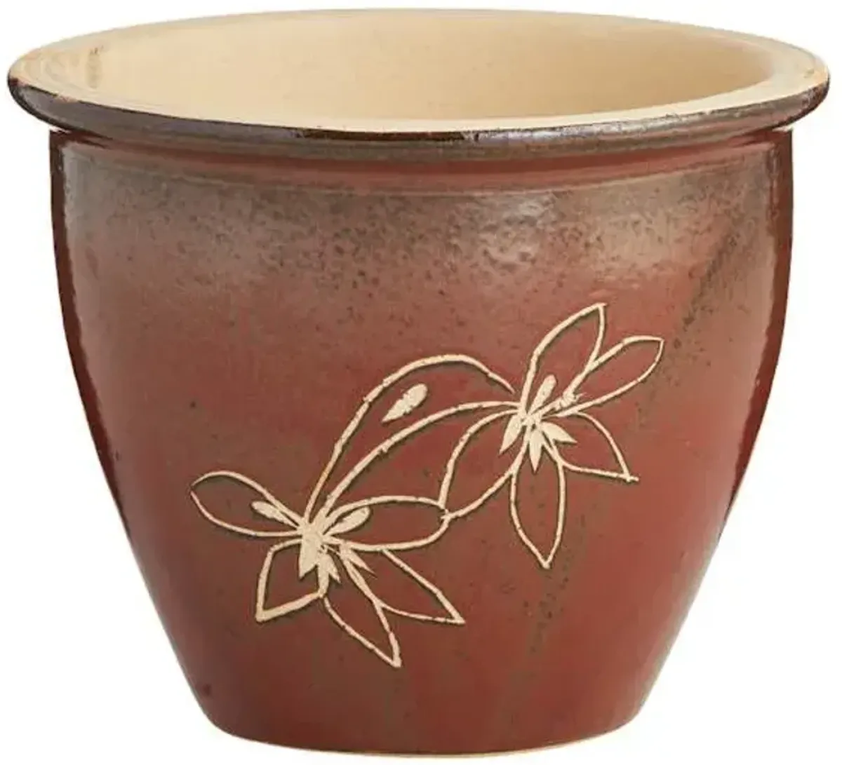 Red Carved Ceramic Outdoor Planter, Medium