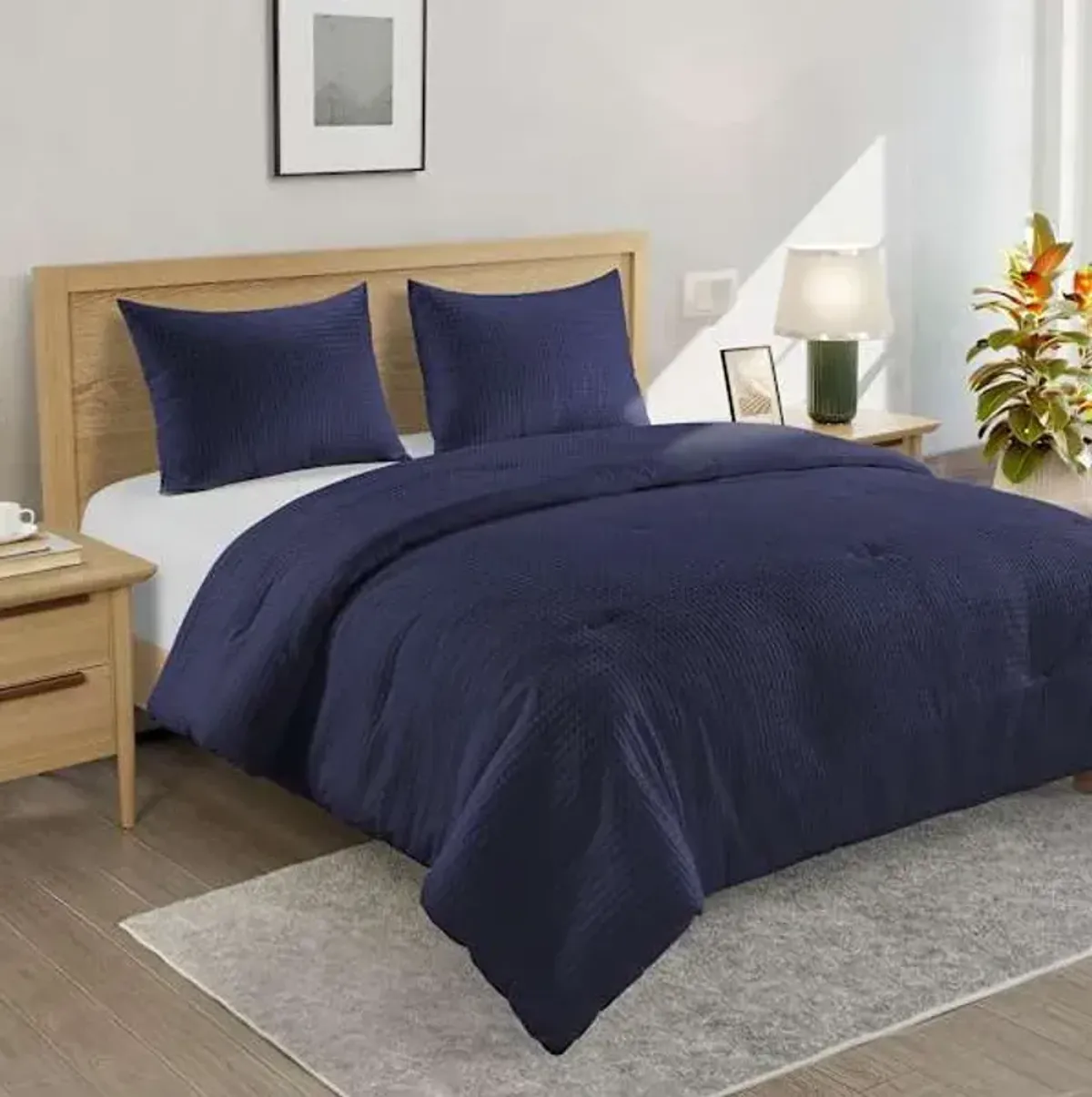 3-Piece Navy Blue Washed Cotton Waffle Comforter Set, Full/Queen