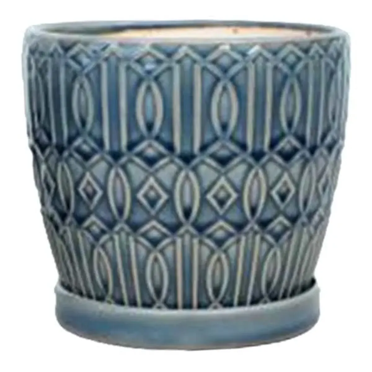 Embossed Blue Indoor Ceramic Pot with Saucer, Medium