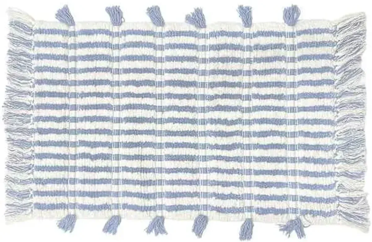 Blue Striped Cotton Bath Rug with Tassels, 20x30