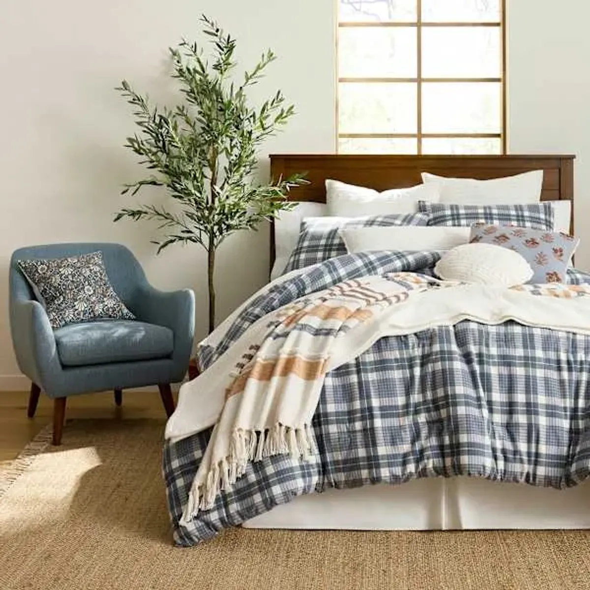 3-Piece Blue Plaid Flannel Printed Cotton Comforter Set, Full/Queen