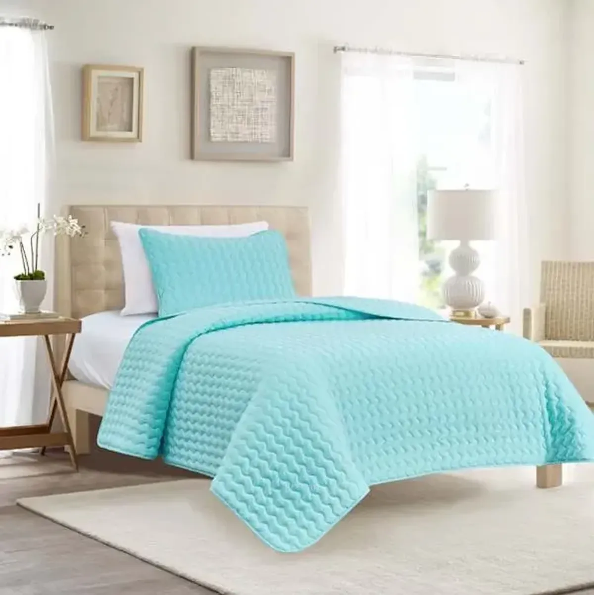 2-Piece Blue Wavy Washed Microfiber Quilt Set, Twin/Twin XL