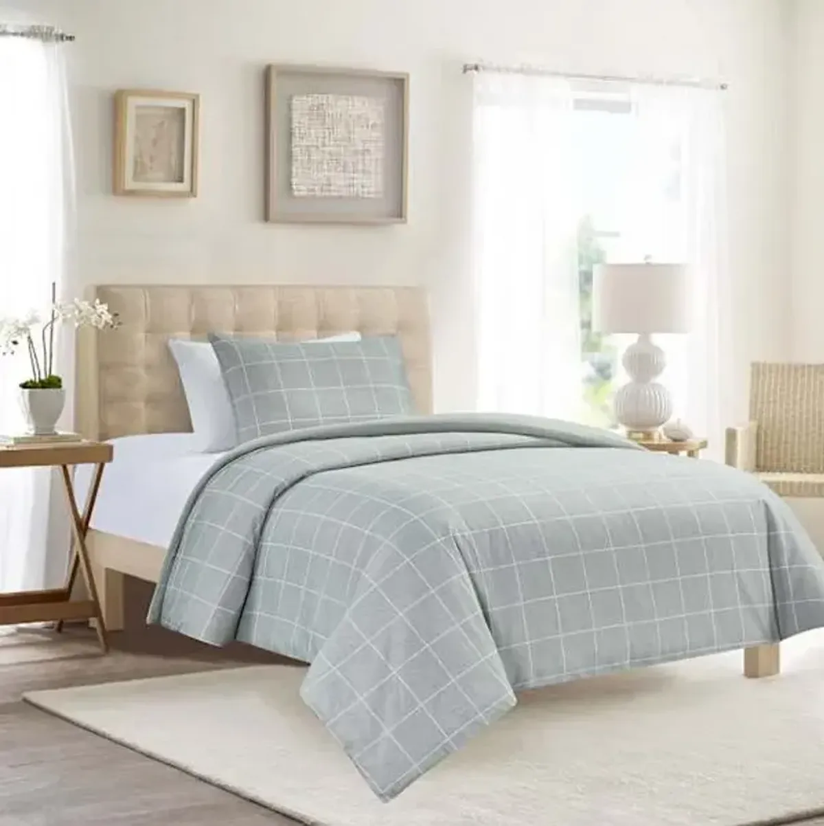 3-Piece Grey Windowpane Printed Duvet Set with Insert, Twin/Twin XL