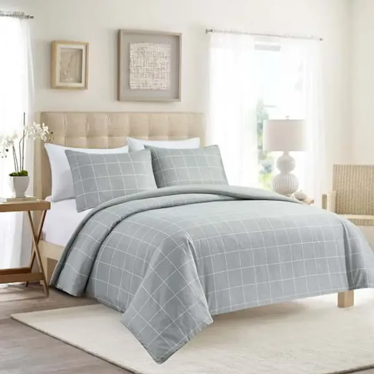 4-Piece Grey Windowpane Printed Duvet Set with Insert, Full/Queen