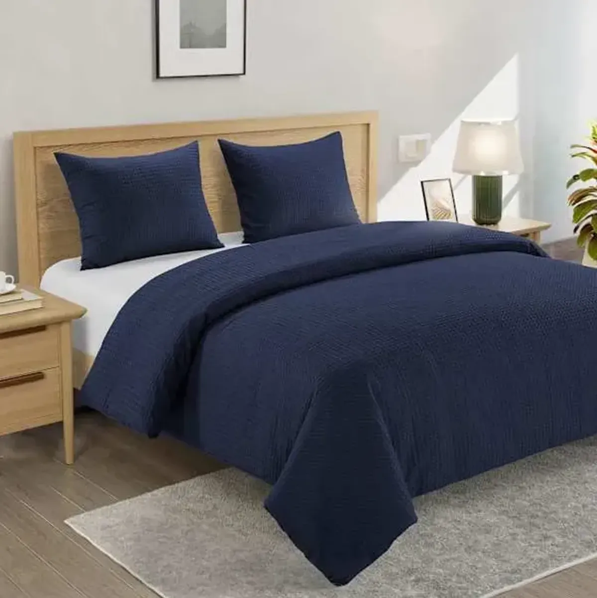 Crosby St. 3-Piece Navy Blue Washed Cotton Waffle Comforter Set, Full/Queen