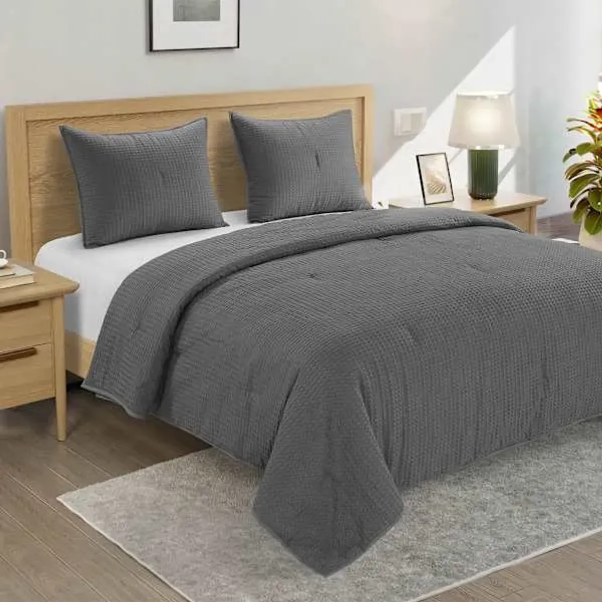 Crosby St. 3-Piece Grey Washed Waffle Cotton Quilt Set, King