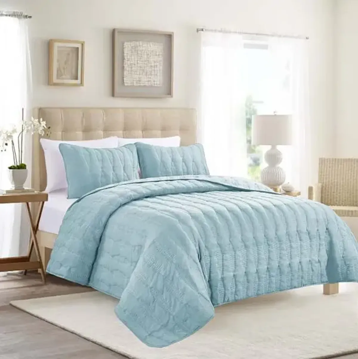 Providence 3-Piece Light Blue Embroidered Washed Microfiber Quilt Set, Full/Queen