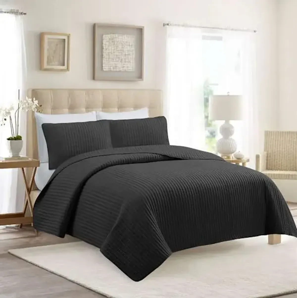 Honeybloom 3-Piece Dark Grey Washed Microfiber Quilt Set, Full/Queen