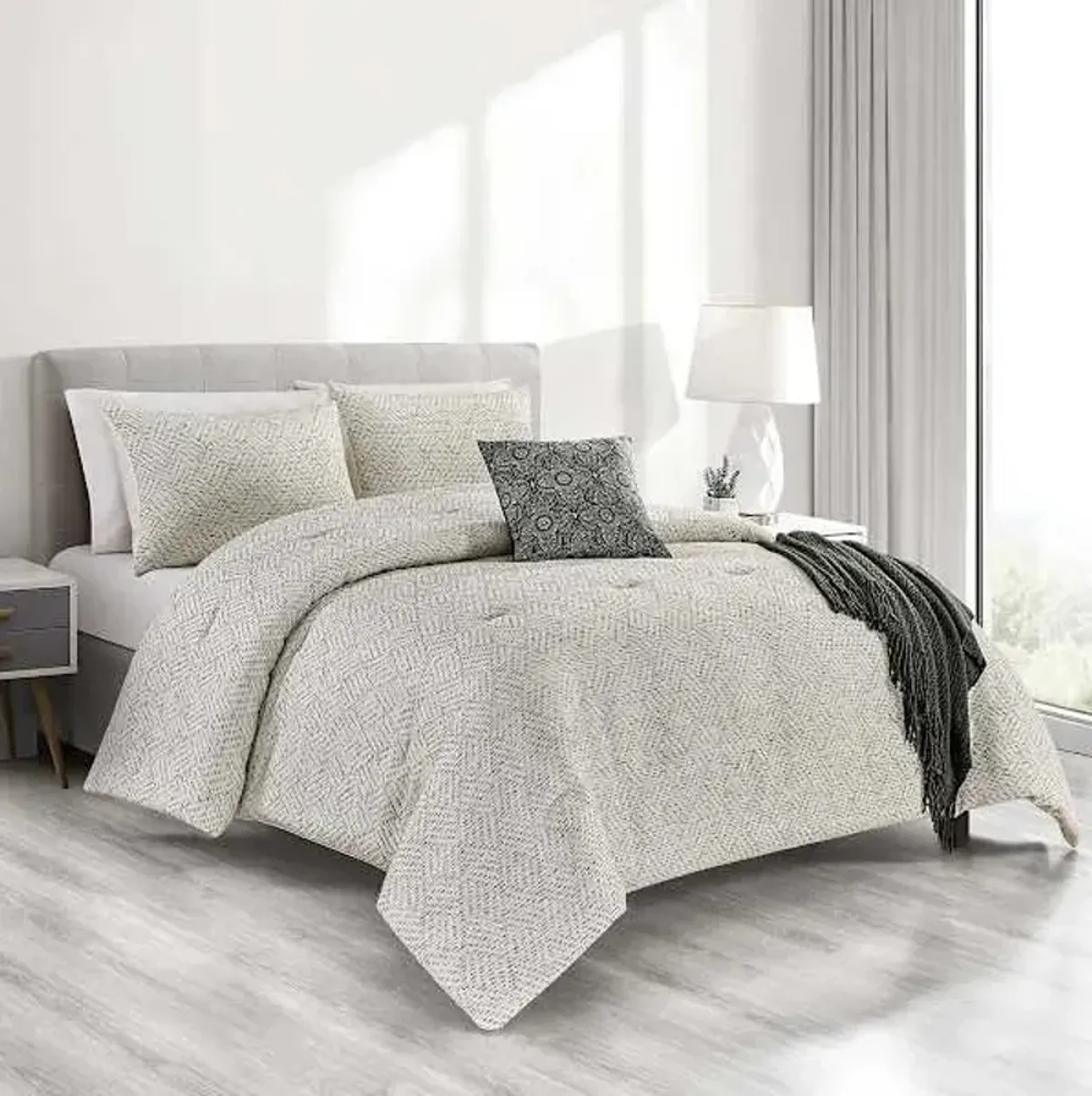5-Piece White Grid Jacquard Comforter Set, King