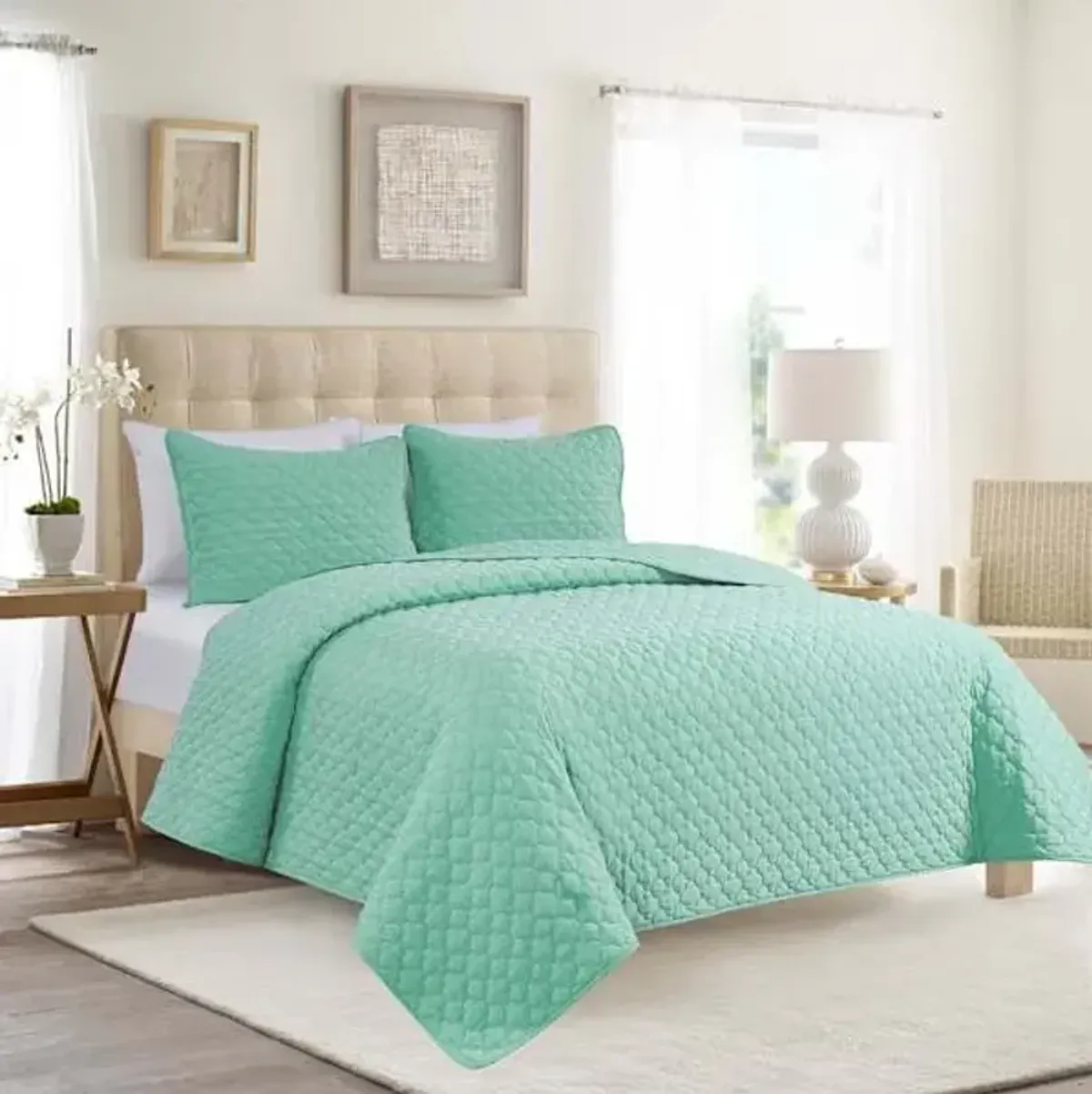 3-Piece Light Green Washed Microfiber Quilt Set, Full/Queen