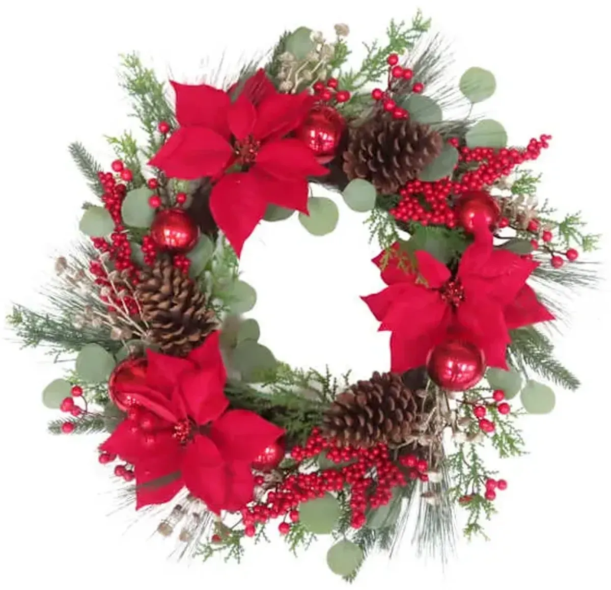 Christmas Ornament & Poinsettia & Mixed Pine Grapevine Wreath, 24