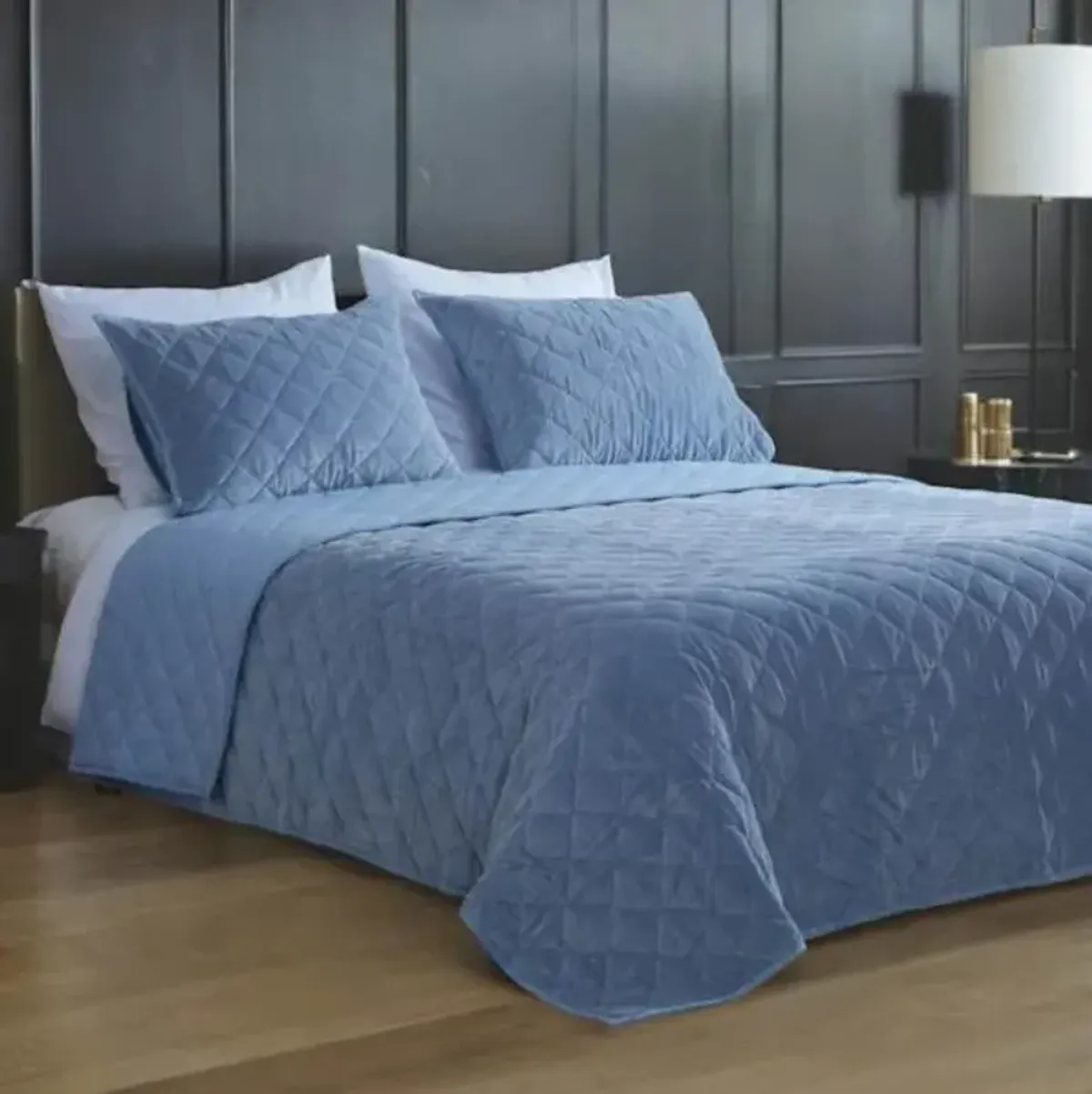 3-Piece Light Blue Cotton Velvet Quilt Set, King