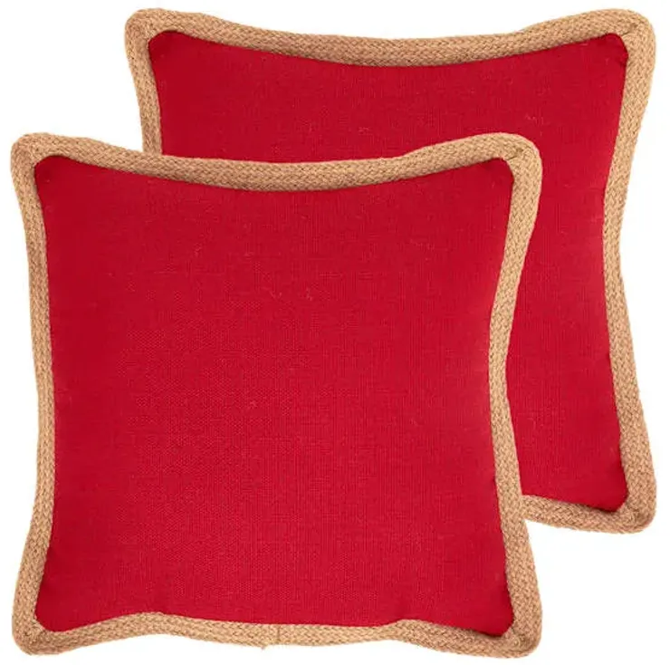 2-Pack Red Jute Trim Outdoor Throw Pillow, 18"