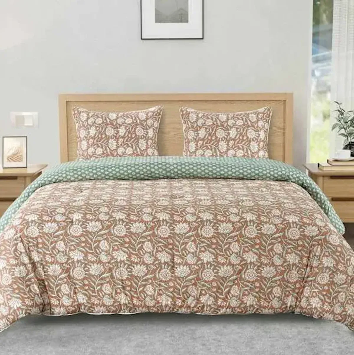 3-Piece Floral Print Cotton Percale Comforter Set, Full/Queen