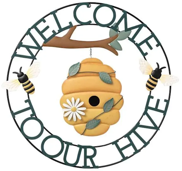 Honeybloom Welcome to Our Hive Metal Outdoor Wall Sign, 23"