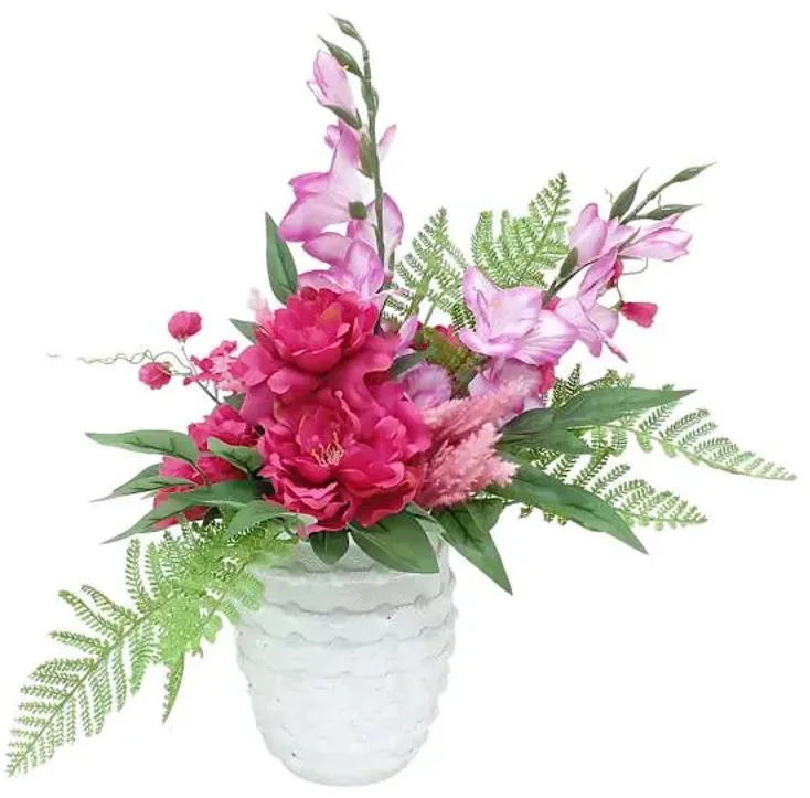 Pink Peony & Gladiolus in White Cement Pot, 22.5"