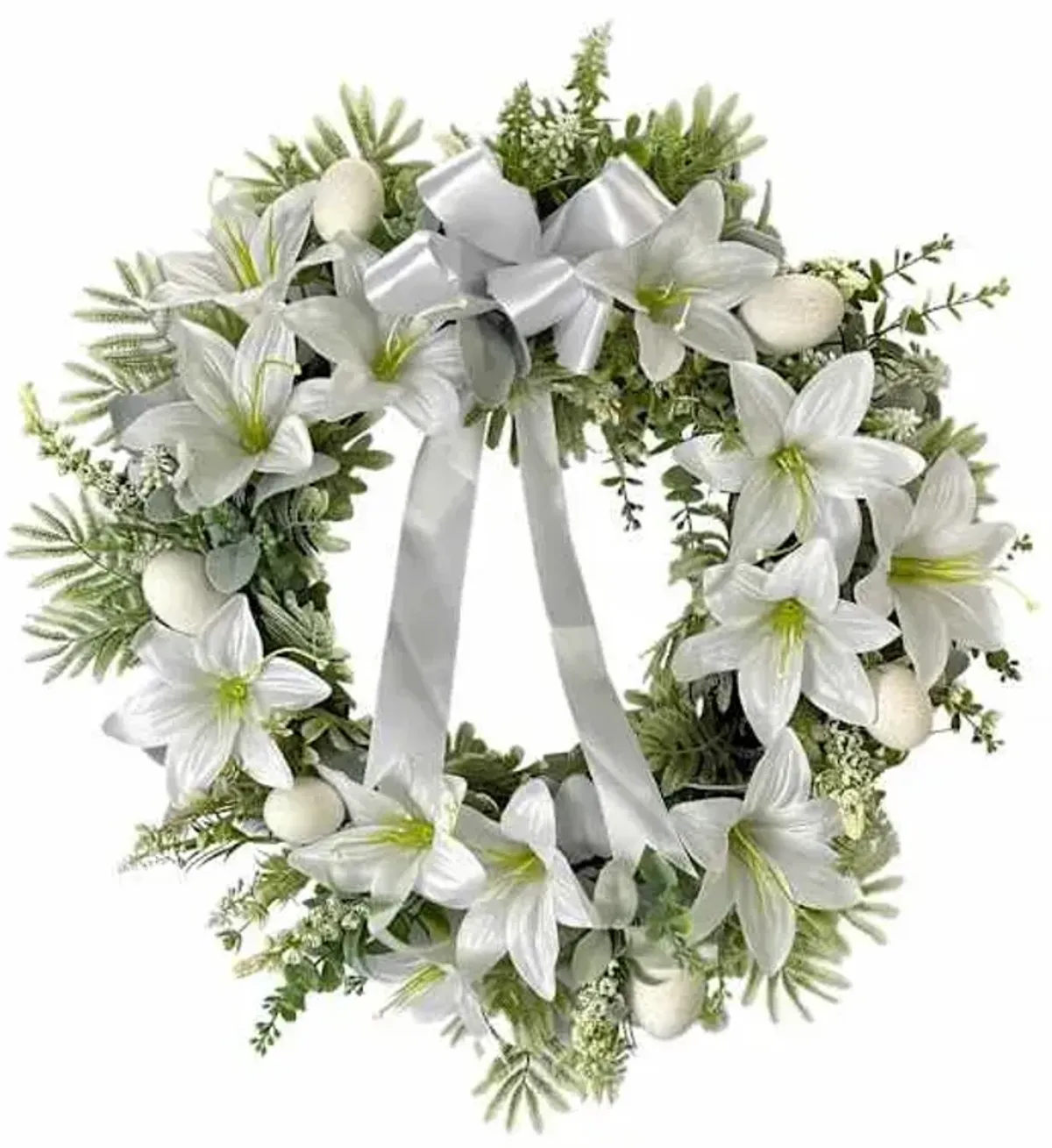White Lily Wreath with Bow, 21"