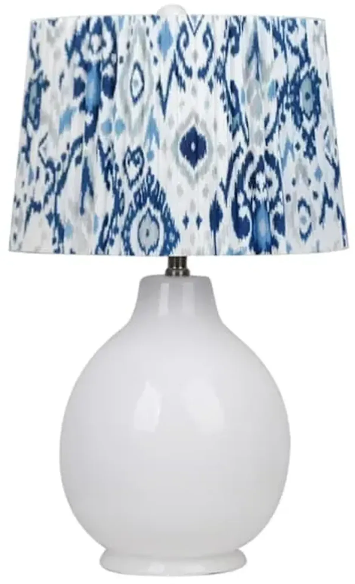 White Ceramic Medium Table Lamp with Blue Ikat Shade, 25"