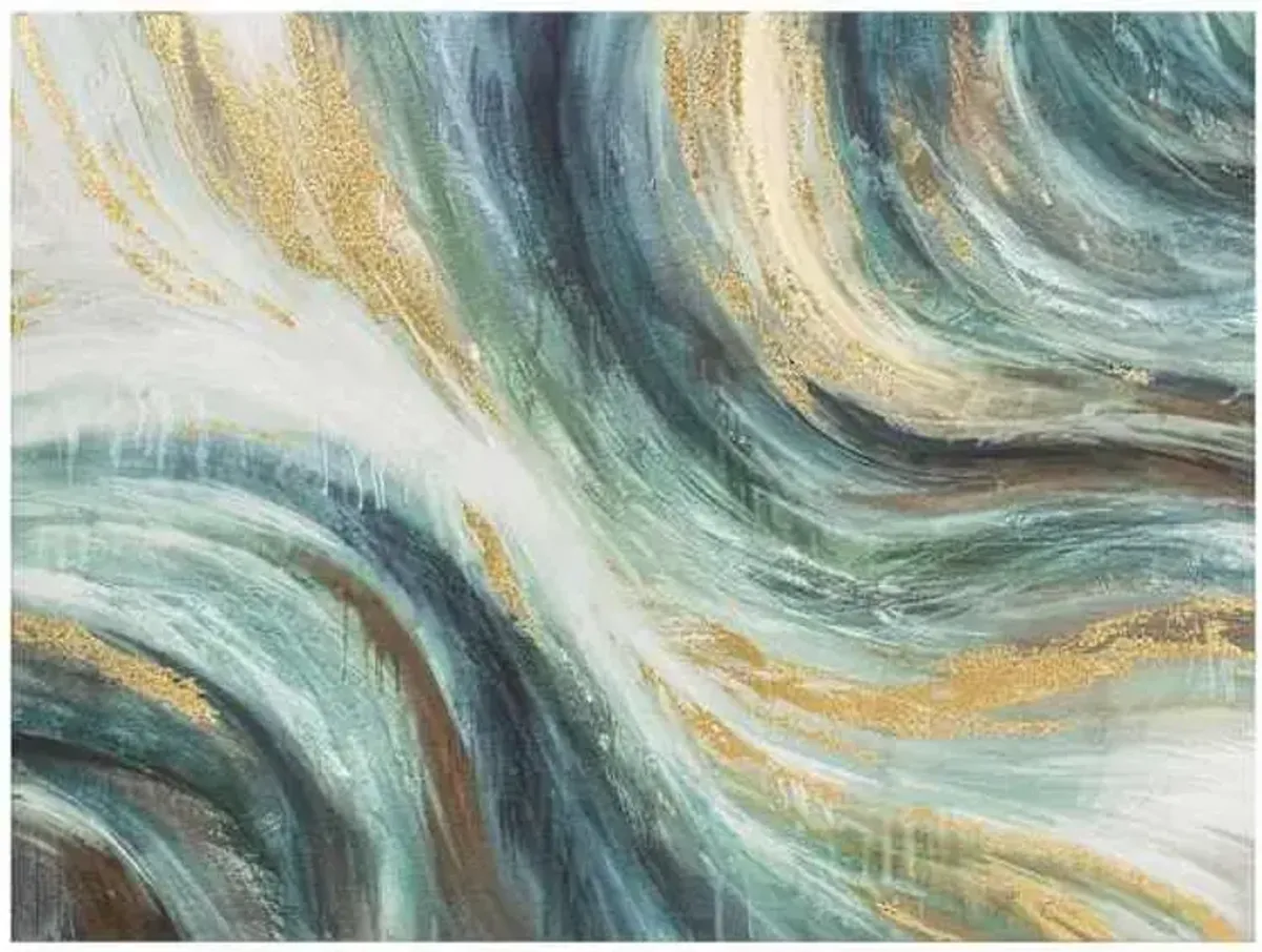 Blue & Green with Gold Swirl Embellished Abstract Canvas Wall Art, 40x30
