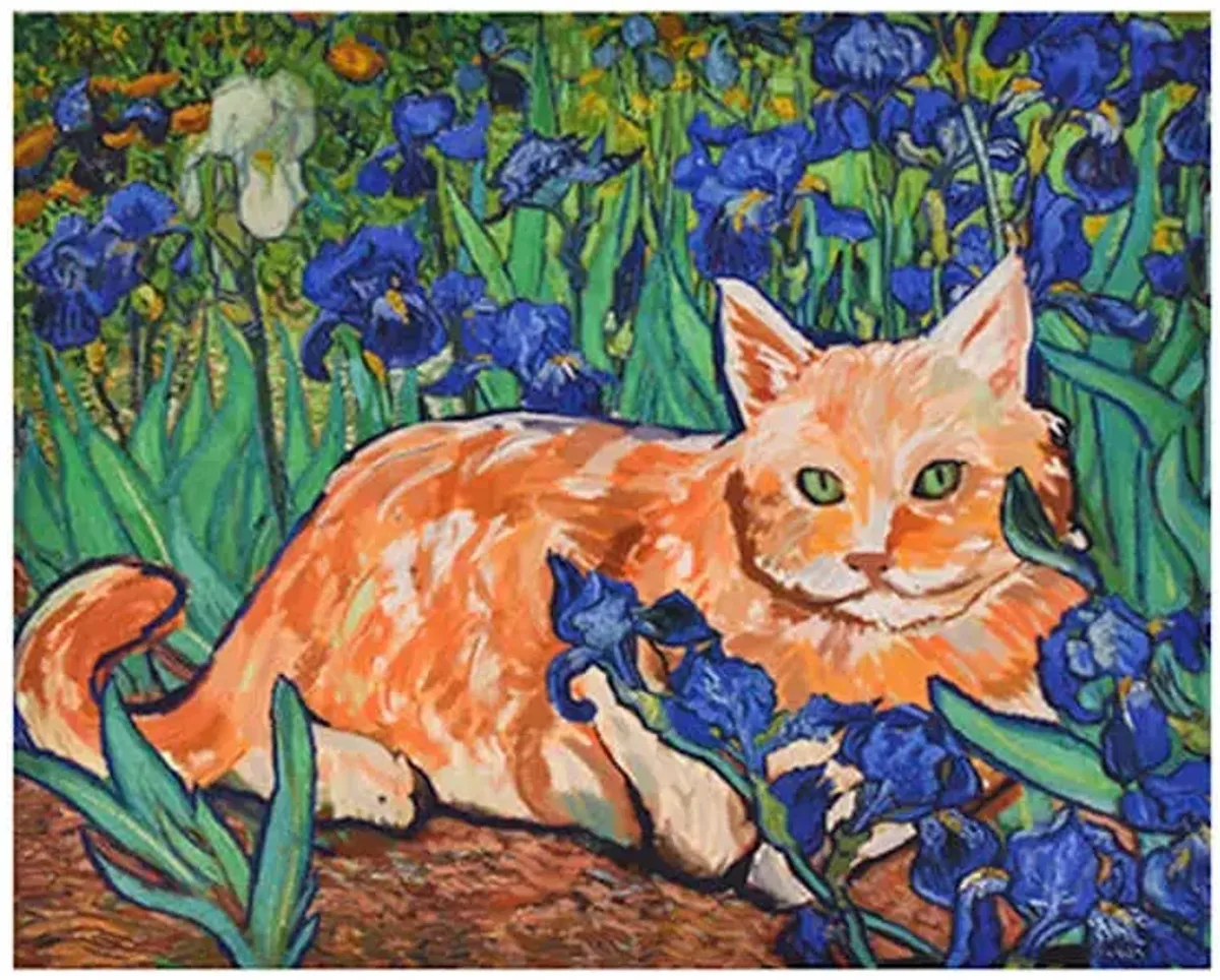 Cat Laying In Purple Florals Canvas Wall Art, 20x16