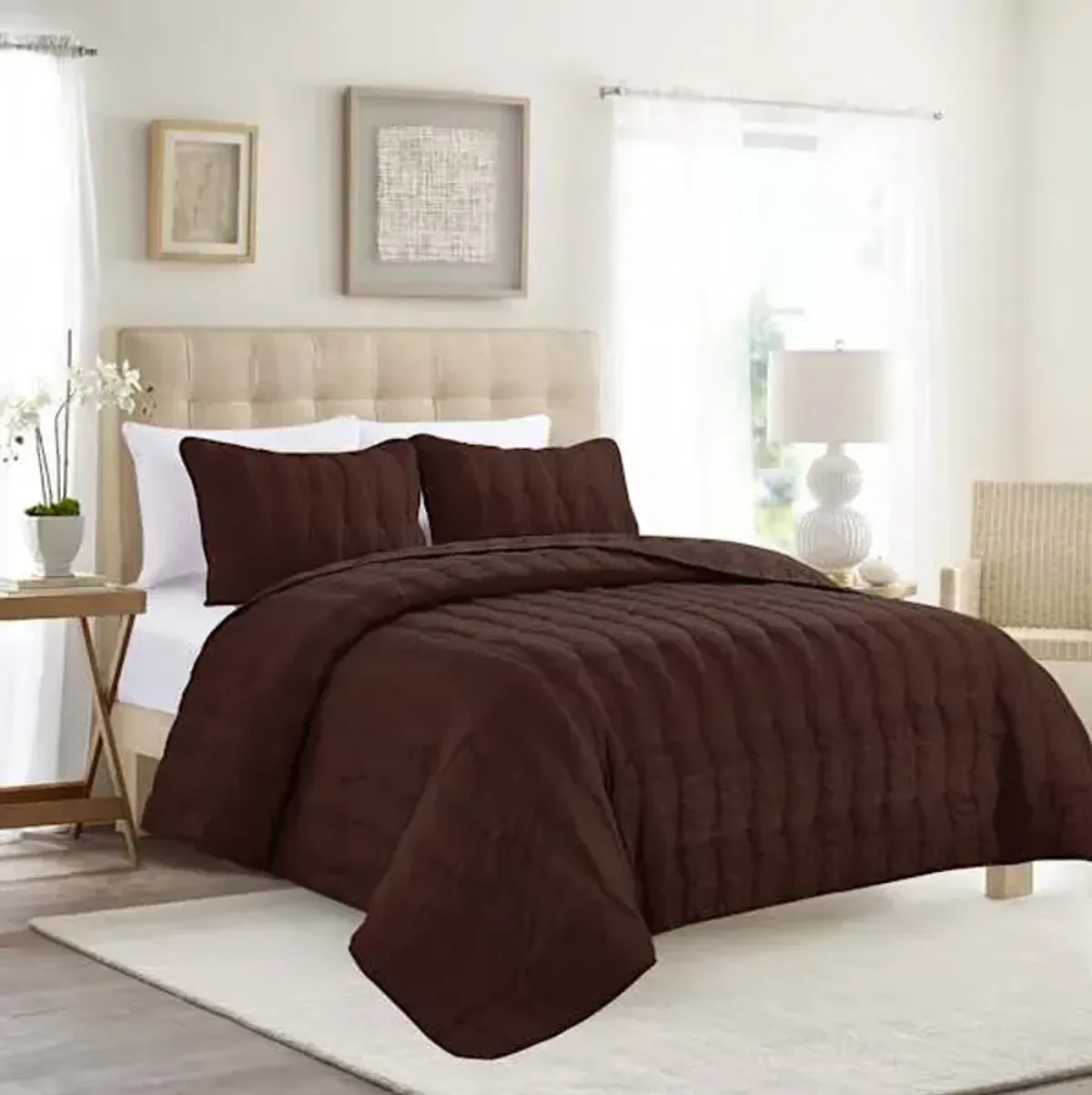 3-Piece Brown Embroidered Washed Microfiber Quilt Set, King
