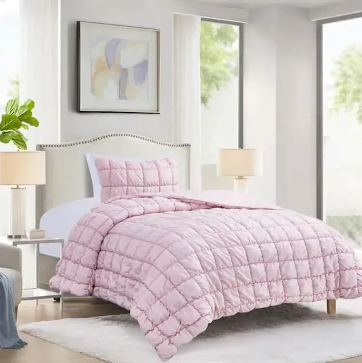 2-Piece Pink Grid Microfiber Quilt Set, Twin/Twin XL