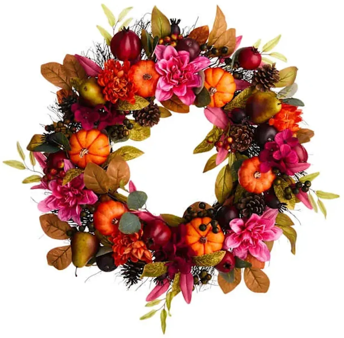 Dahlia, Mum & Pumpkin Spiral Vine Wreath, 24"