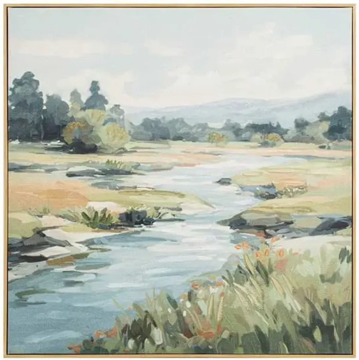 Framed River in Meadow on Fabric Canvas Wall Art, 40"