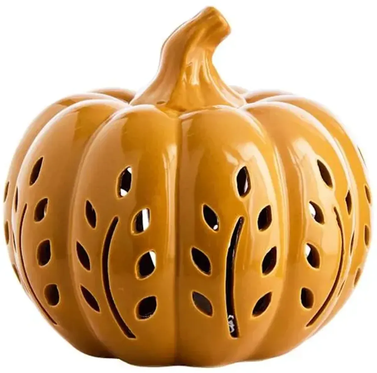 Yellow Ceramic Pumpkin with LED Light, 5"