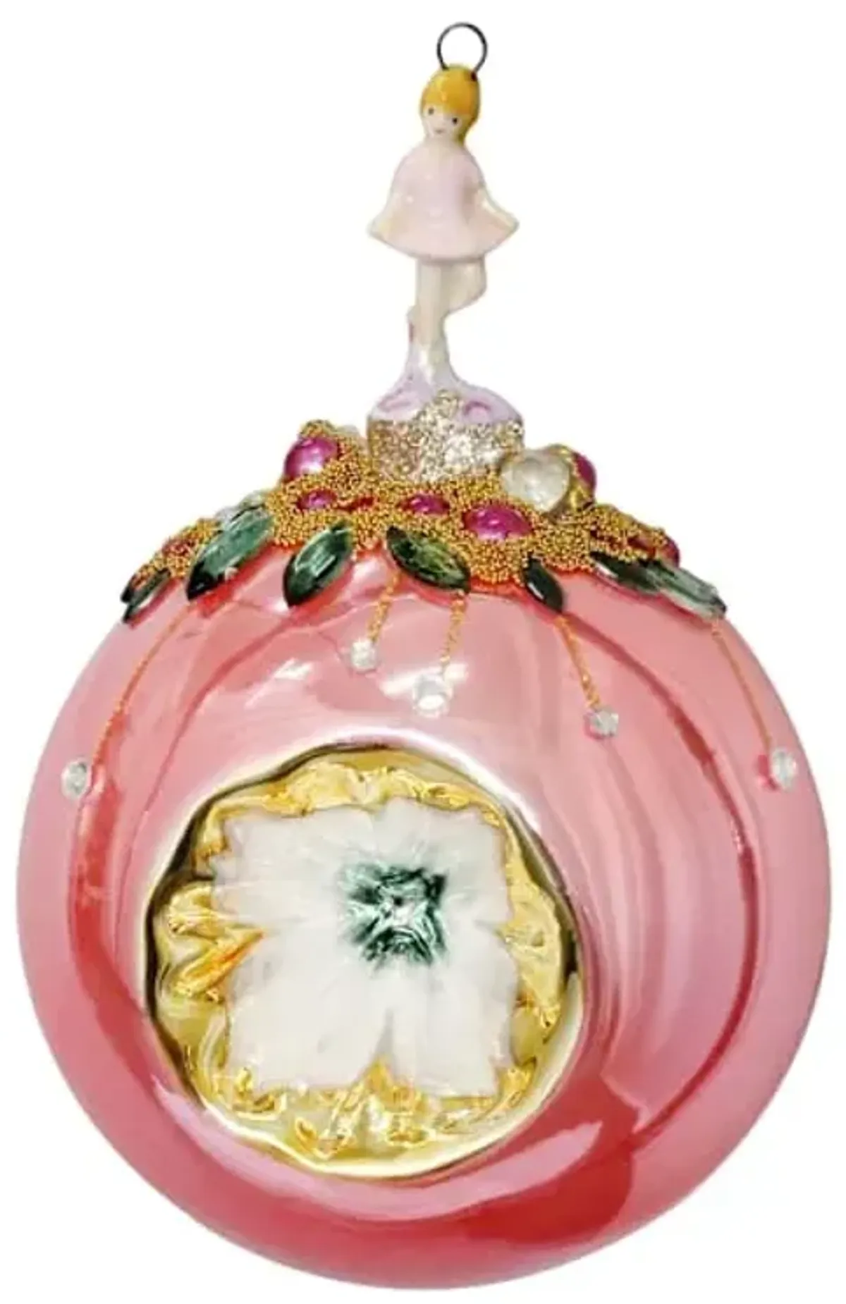 Hand-Blown Glass Reflector Ball With Porcelain Cap Ornament, 5.9"