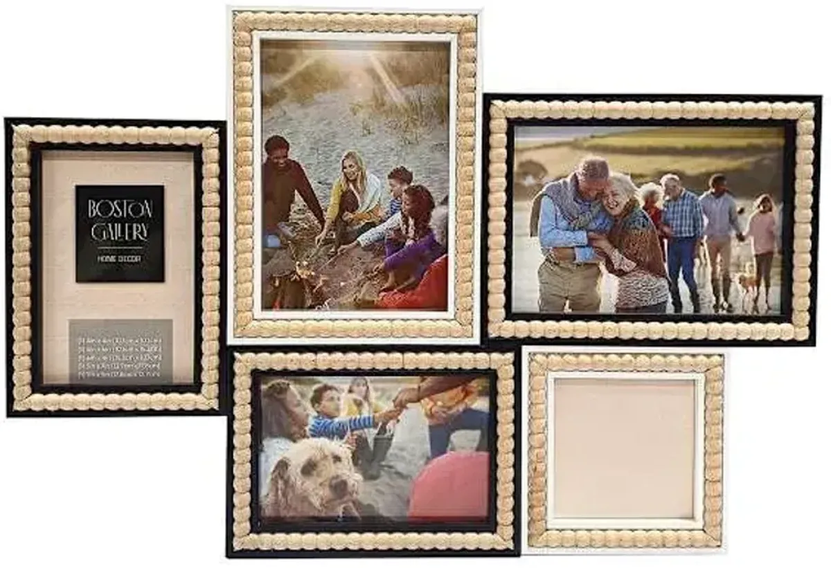 5-Opening Black & Natural Wood Beaded Collage Wall Frame, 19x13
