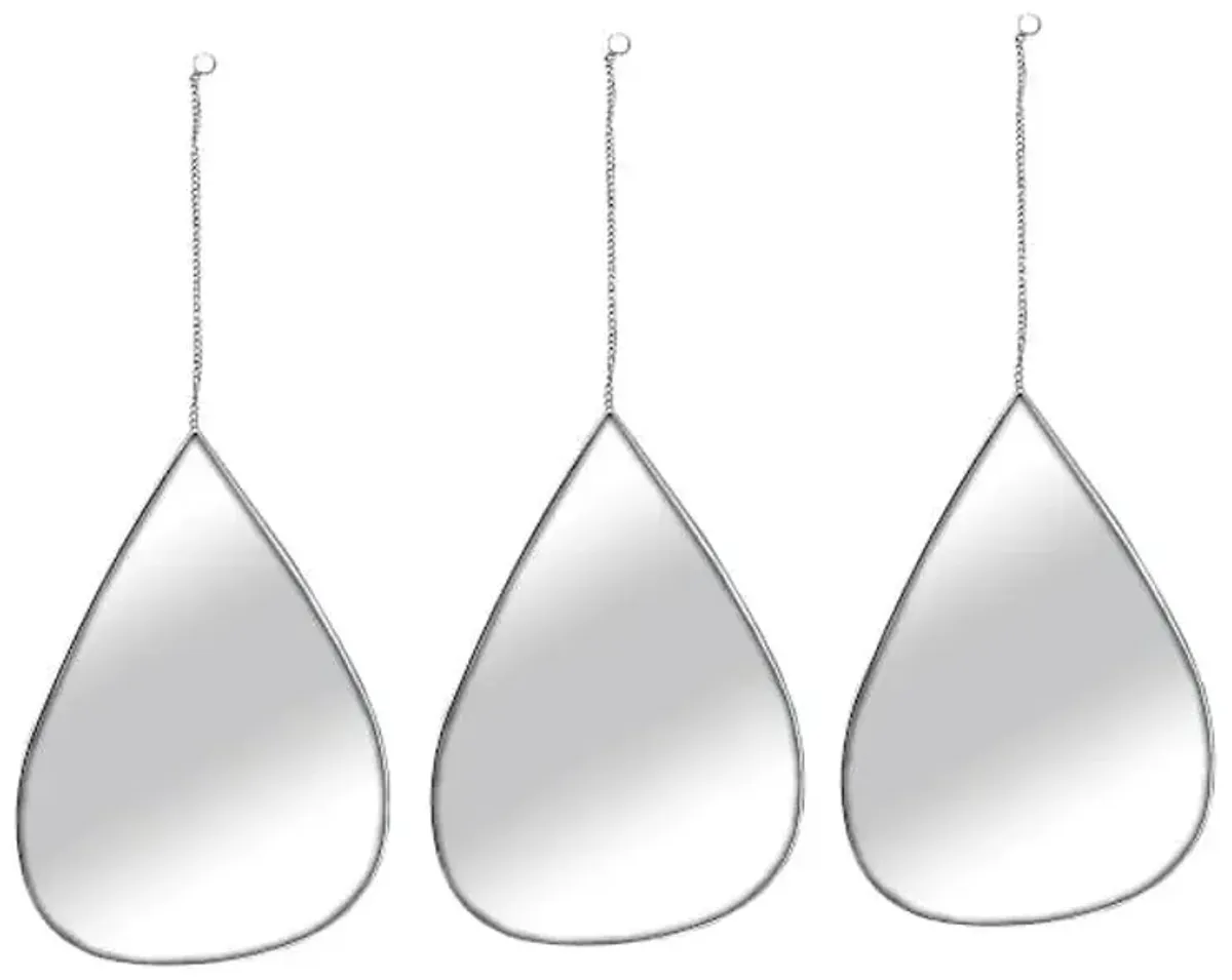3-Piece Teardrop Wall Mirror Set with Chain Hanger, Silver