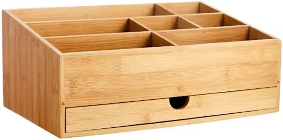 7-Compartment Bamboo Cosmetic Organizer with Drawer