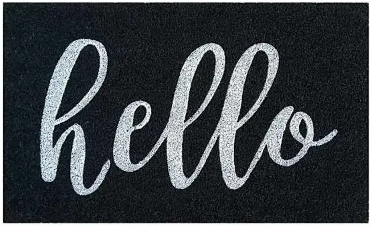 Hello Script Black Coir Mat, 18x30
