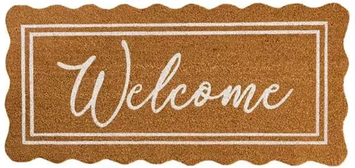 White & Natural Scalloped Welcome Coir Mat, 22x47