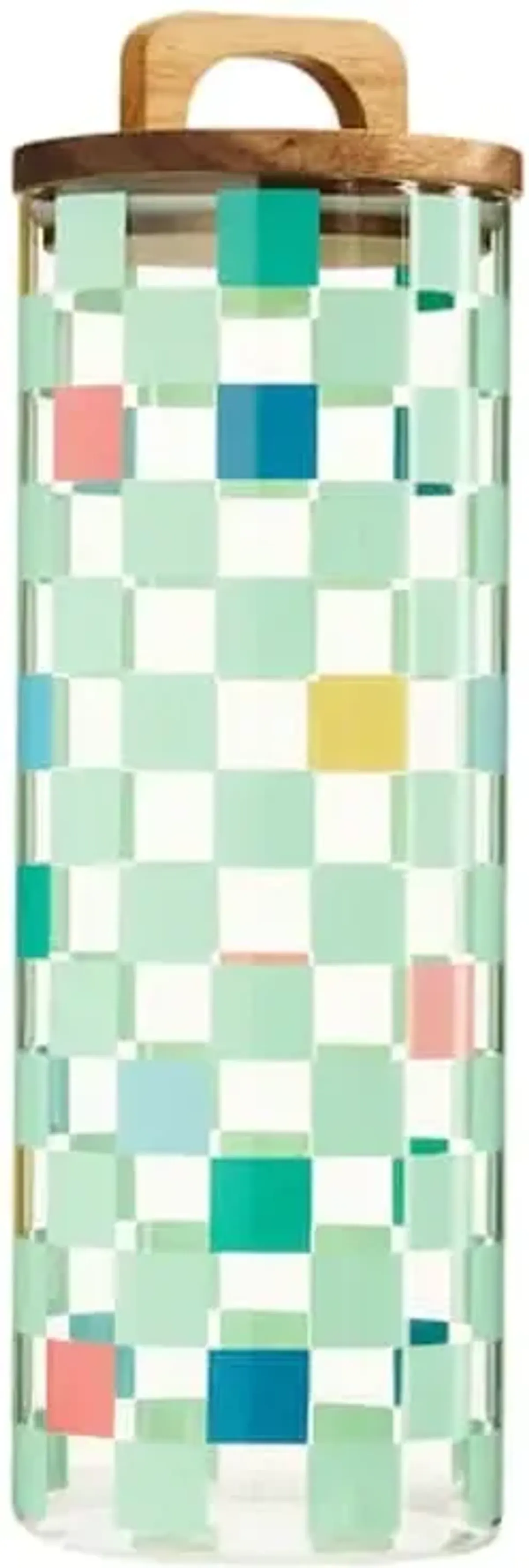 Green Check Print Glass Canister with Acacia Lid, 62oz