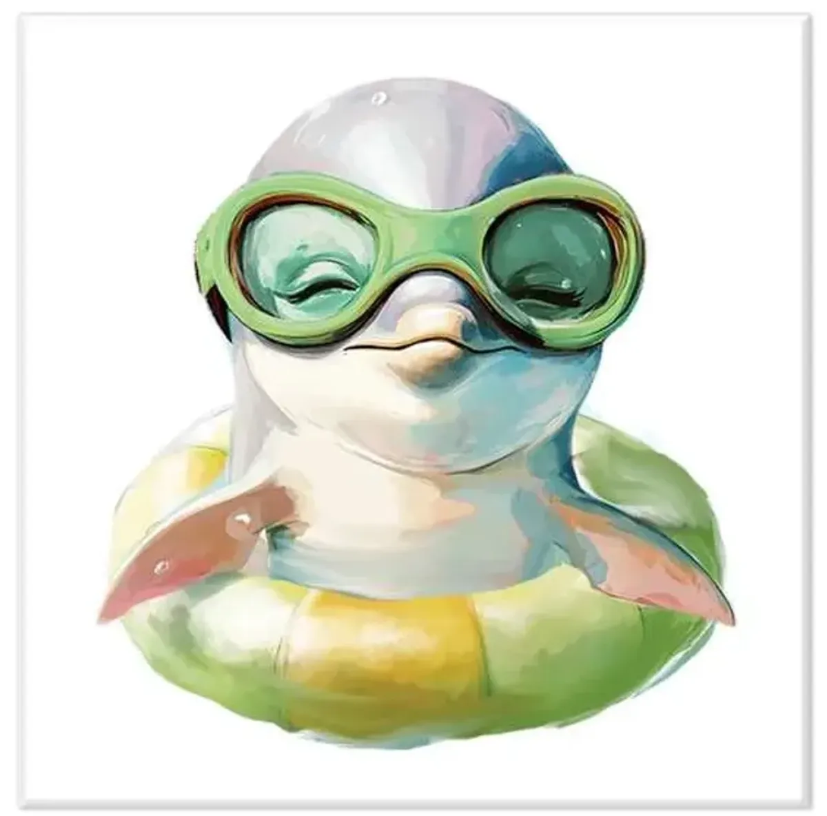 Happy Dolphin in Inner Tube Canvas Wall Art,12"