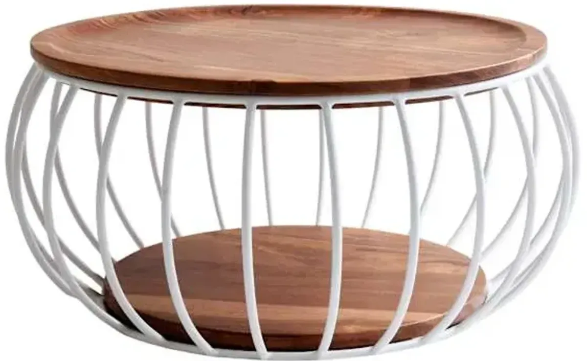 Large White Metal Wire Fruit Basket with Acacia Wood Lid, 11"