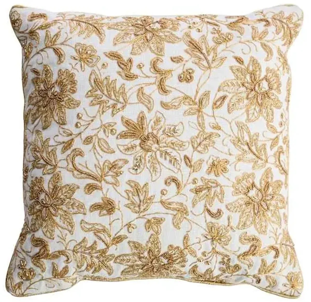 Gold Floral Embroidered & Beaded Throw Pillow, 18"