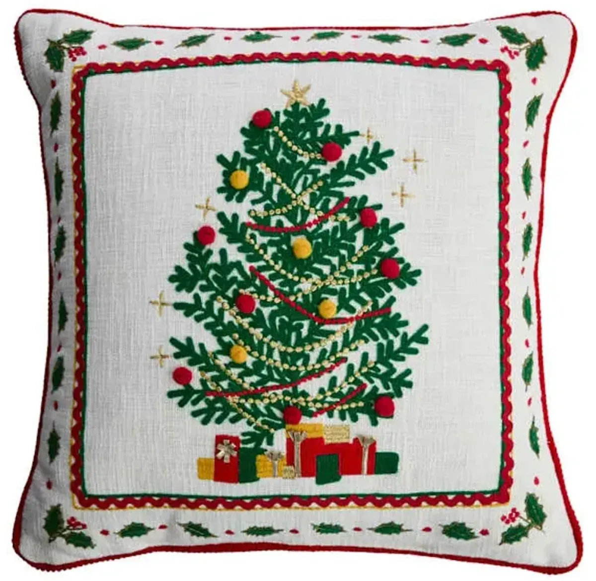 Christmas Tree Embroidered Throw Pillow with Border, 18"