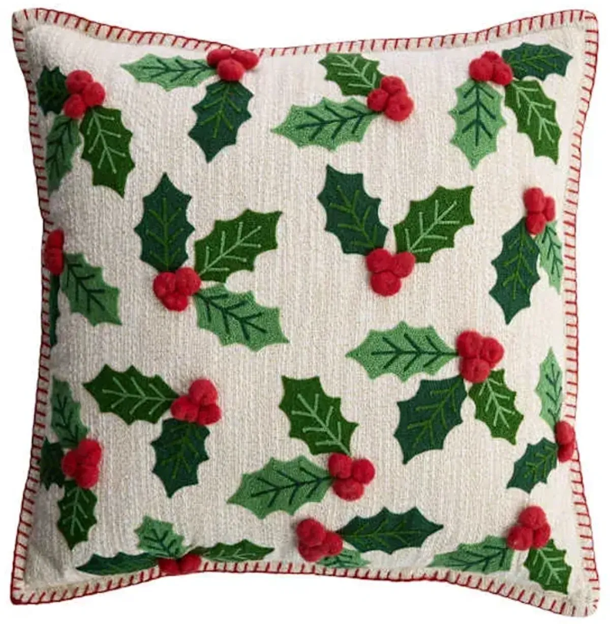 Embroidered Holly Leaves Throw Pillow, 18"