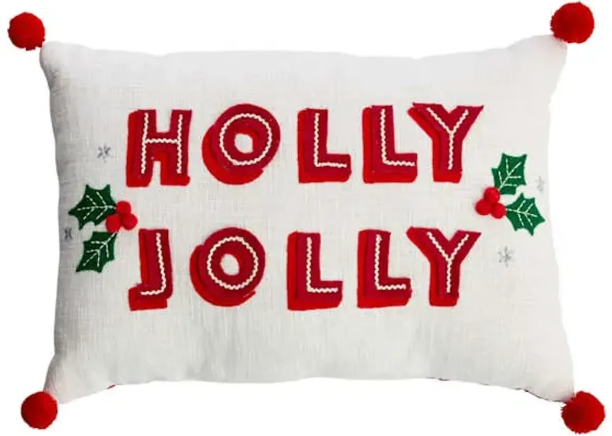 Holly Jolly Embroidered Textured Throw Pillow with Pom-Poms, 14x20