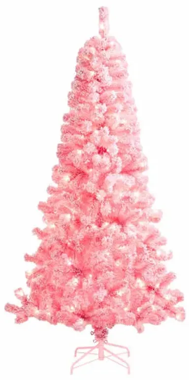 (A40) Pre-Lit Flocked Pink Christmas Tree, 6.5'